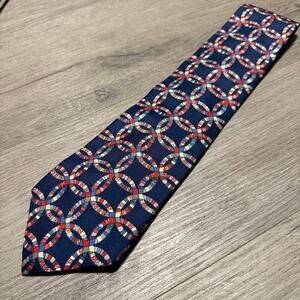 Vintage Silk Tie Quilt Ring Pattern Red Blue Geometric 100% Silk USA